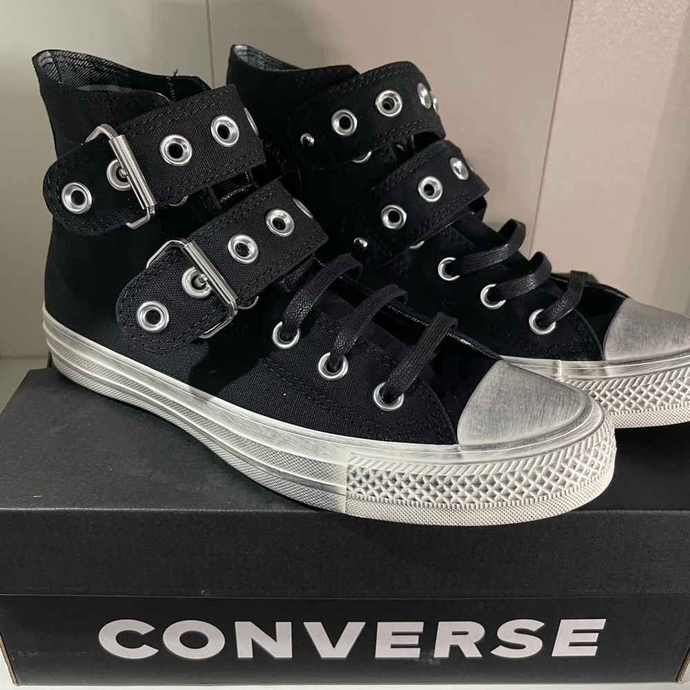 Converse Black High-Tops with Silver Buckles and Grommet Straps